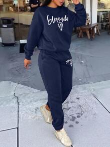 INAWLY 2pcs Plus Size Letter Printed Crew Neck Long Sleeve Top And Pants Set - Navy Blue - View 3