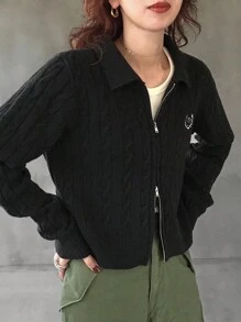FRIFUL 女式数字刺绣长袖拉链休闲针织开衫夹克 - 黑色 - 查看 4