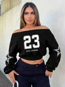 SHEIN SXY Black Casual Off-Shoulder Long Sleeve Pentagram Graphic Cropped Sweatshirt For Women, Suitable For Fall/Winter
