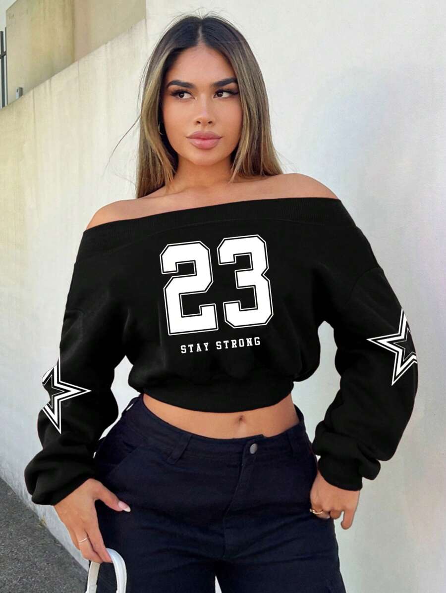 SHEIN SXY Black Casual Off-Shoulder Long Sleeve Pentagram Graphic Cropped Sweatshirt For Women, Suitable For Fall/Winter