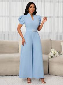 SHEIN Lady Women Elegant Solid Color Puff Sleeve V-Neck Stand Collar Slim Waist-Closing Metal Belt Vacation Commuter Wide Legs A-Style Jumpsuits Wearable In All Seasons   Wedding Guest  Old Money Style Women  Classy Outfits For Women Business Casual Outfits Women  Birthday Outfit  Going Out  Back To School Outfits Women  Jumpsuits For Woman Elegant   Back To School  Concert Outfits For Women Church Outfits Women - Baby Blue - View 5