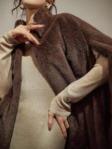 DAZY 仿毛领斗篷夹克，女士温暖毛绒披肩外套，秋冬款 - 棕色 - 查看 12