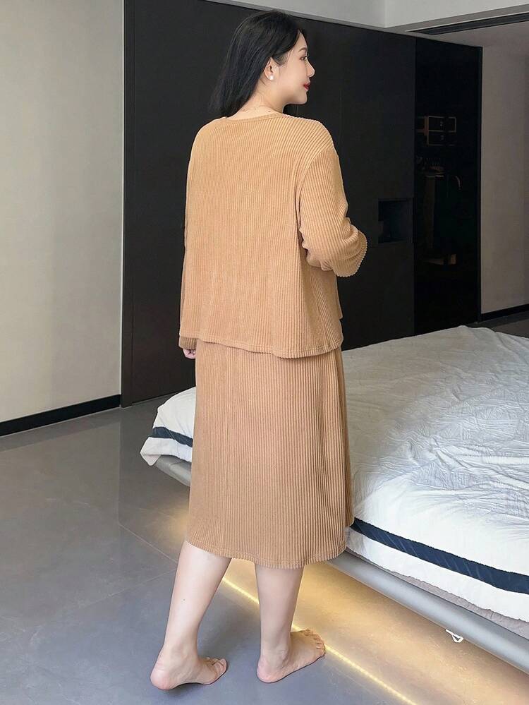 Dazy Plus 2pcs Knitted Ribbed Tank Dress & Cardigan Loungewear Set, Casual Plus Size Pajamas, Outfits