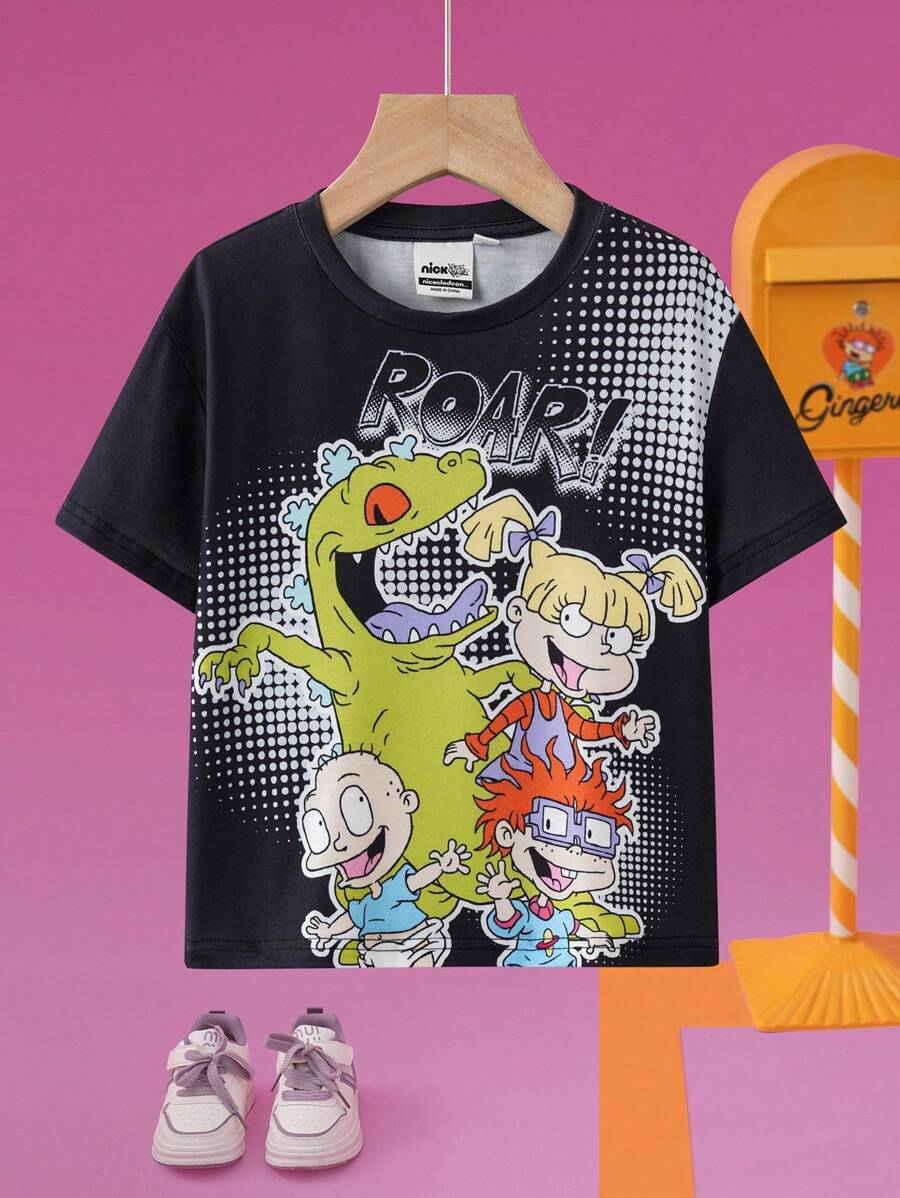 Nick 90s | SHEIN 男童卡通绿色恐龙图案黑色休闲短袖T恤 - 黑色 - 查看 1