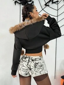 SHEIN Unity Halloween Fashionable Printed Fur Collar Cropped Jacket Fall Winter Cloth For Women - Black - View 2