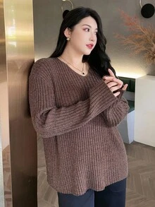 Dazy Plus V-Neck Solid Ribbed Loose Casual Plus Size Sweater For Women, Autumn - Brown - View 6