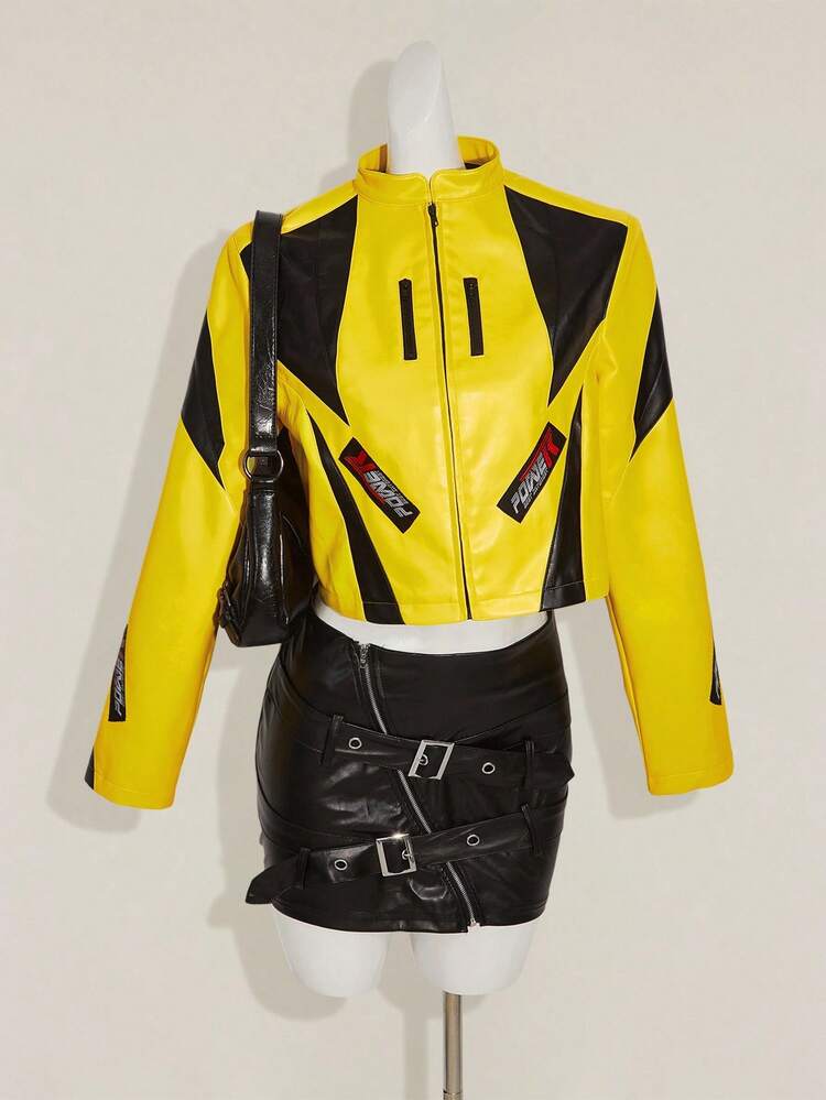 SHEIN ICON 女士秋冬街头时尚机车风黄色和黑色撞色宽松短款黄色夹克 Y2k 赛车女式摩托车 - 黃色 - 查看 5