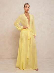 Lumalex 女式超长连衣裙，配有可拆卸紧身裤、V 领、泡泡袖、褶饰腰部、金属扣和超大裙摆 - 黃色 - 查看 6