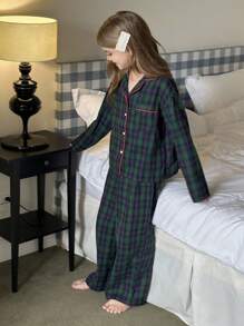 Hapijoa Tween Girl Plaid Single-Breasted Long Sleeve Top And Pants Pajama Set - Dark Green - View 2