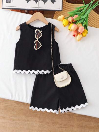Elladie kids 2 piezas Conjunto de top sin mangas con dobladillo contrastante de tela texturizada y shorts casuales para niñas jóvenes, conjunto de 2 piezas negro de verano para niñas, conjunto de 2 piezas de verano para niñas, conjunto de 2 piezas de otoño e invierno para niñas