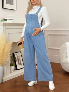 SHEIN Maternity Casual Side Zipper Denim Bib Pants Jumpsuit - Baby Blue - View 5