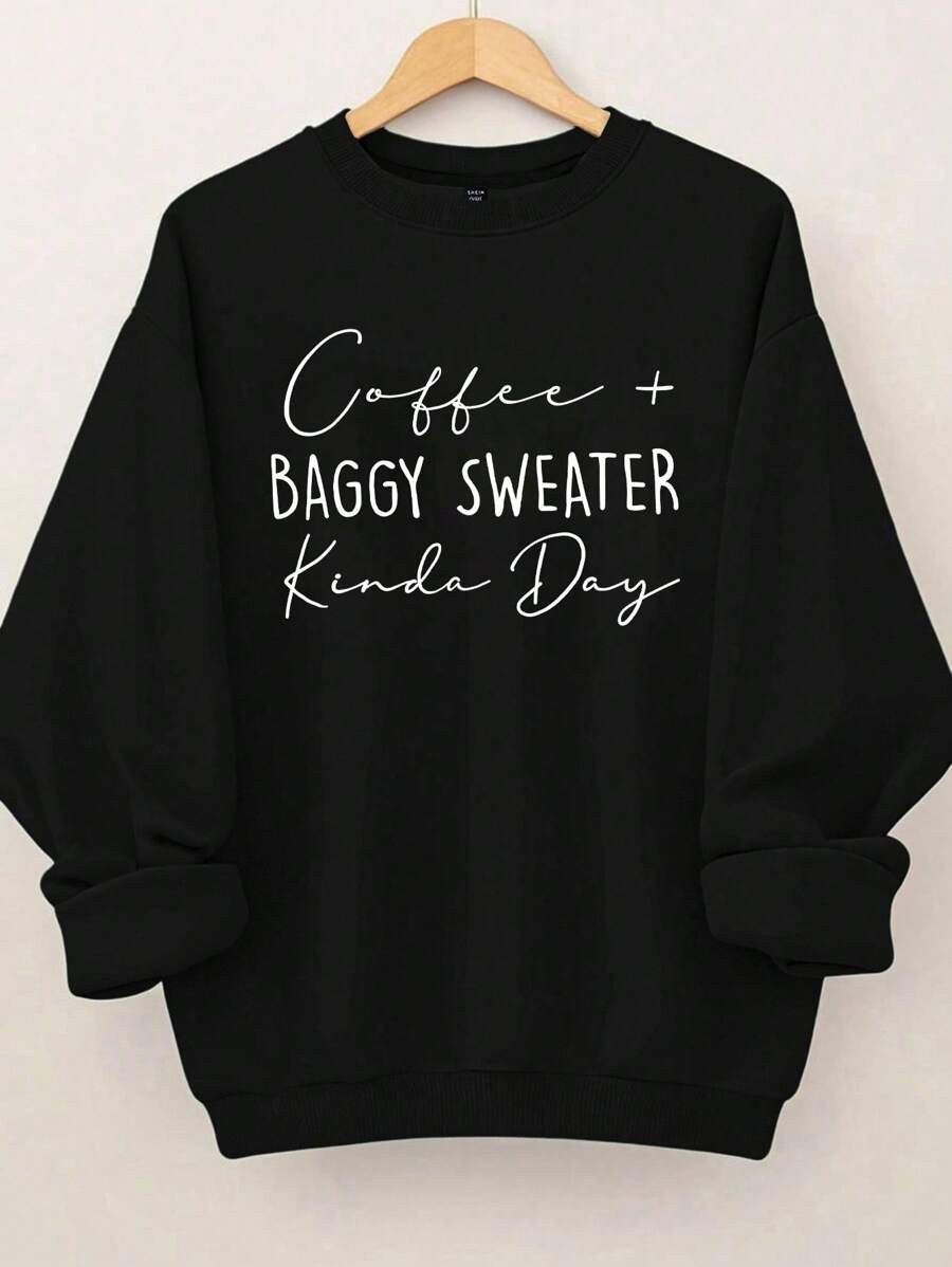 EMERY ROSE Plus Size Women's Letter Printed Hot Round Neck Sweatshirt Fall Cloth For Women Winter Autumn - Black - View 1