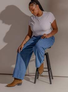 Aralina قميص قصير كاجوال بلون أحادي مقاس كبير، صيفي - لون مشمشي - مشاهدة 4