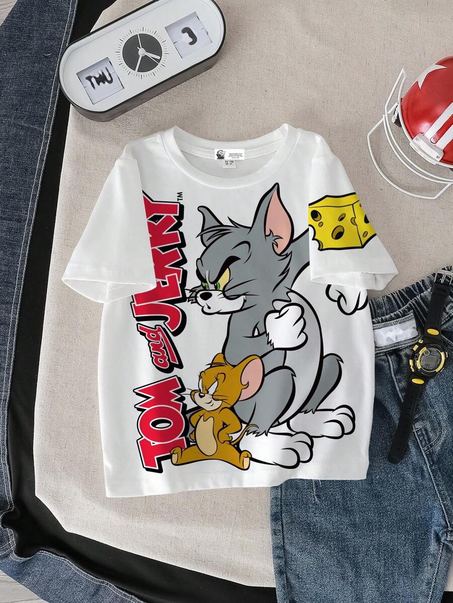 TOM & JERRY X SHEIN Young Boy Summer Casual Street Cartoon & Letter Graphic Short Sleeve T-Shirt - White - View 1