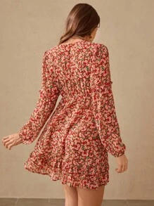 Wildy Romantic Countryside Ditsy Floral Long Sleeve Ruffle Hem Short Dress - Brown - View 5
