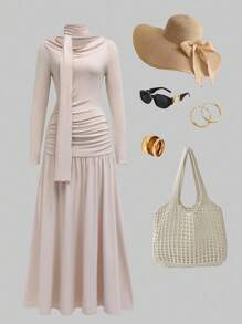 INAWLY Women's Cream Long Sleeve Dress, Soft Ruched Cowl Neck Pleated Knit Loungewear Dress Fall Cloth For Women - Cream - View 1