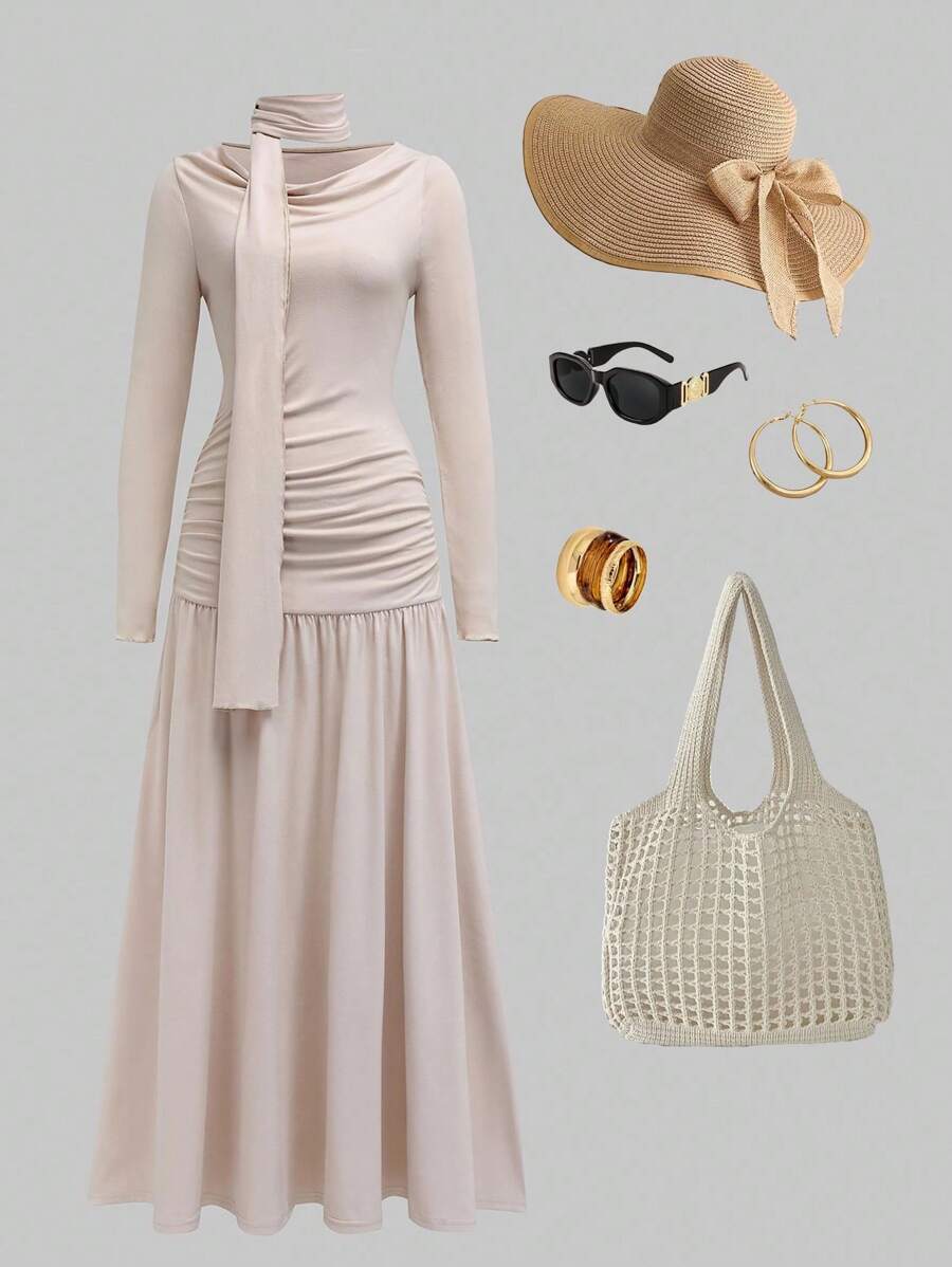 INAWLY Women's Cream Long Sleeve Dress, Soft Ruched Cowl Neck Pleated Knit Loungewear Dress Fall Cloth For Women - Cream - View 1