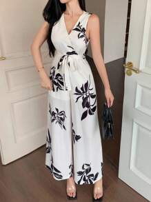 DAZY 女士优雅碎花V领无袖连体裤，夏季度假 - 米色 - 查看 6