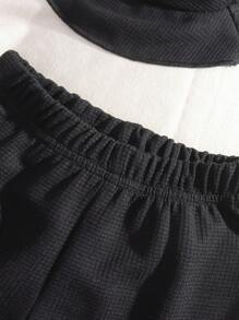 SHEIN 3 件套婴儿/男婴夏季套装：2 合 1 华夫格面料蓝色圆领上衣和短裤（带帽子），适合日常户外玩耍、上学、度假 - 优雅风格，适合家庭休闲、运动和聚会 - 黑色 - 查看 3