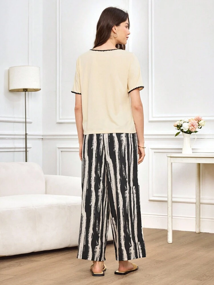 2pcs Women Casual Outfit, Contrast Color Strap Patchwork T-Shirt Top And Striped Print Pants Set,Teacher Outfits For Women,Going Out Sets Women,Business Casual Woman,Basic Sets,Stripe Print Two-Piece Suit,Women's Two-Piece Set: Casual, Contrasting Color Webbing Patchwork T-Shirt Top And Striped Print Trousers For Everyday Outings