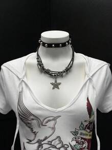 EgrlEra 女士玫瑰印花短袖连帽 T 恤 - 白色 - 查看 3