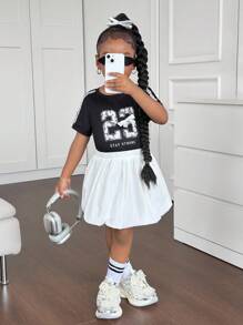 2pcs Young Girl Knitted Numeric Pattern V-Neck T-Shirt And Ruffle Hem Skirt Set - Blue - View 5
