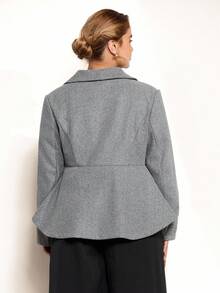 Momelise Plus Size Casual Elegant Daily Office Commute Solid Color Umbrella Hem Mandarin Collar Textured Button Detail Blazer Vintage Autumn Fall Cloth For Women Winter - Grey - View 2