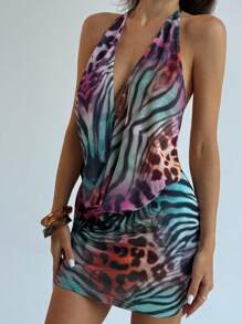 Aloruh 女式性感露背垂坠领斑马纹连衣裙 - 彩色 - 查看 7