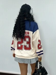 Rovax Women's Letter Print Loose Casual V-Neck Oversized Long Sleeve Sweatshirt Fall Cloth For Women