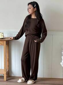 DAZY 青少年女孩休闲家居服睡衣，秋季 - 咖啡棕 - 查看 5