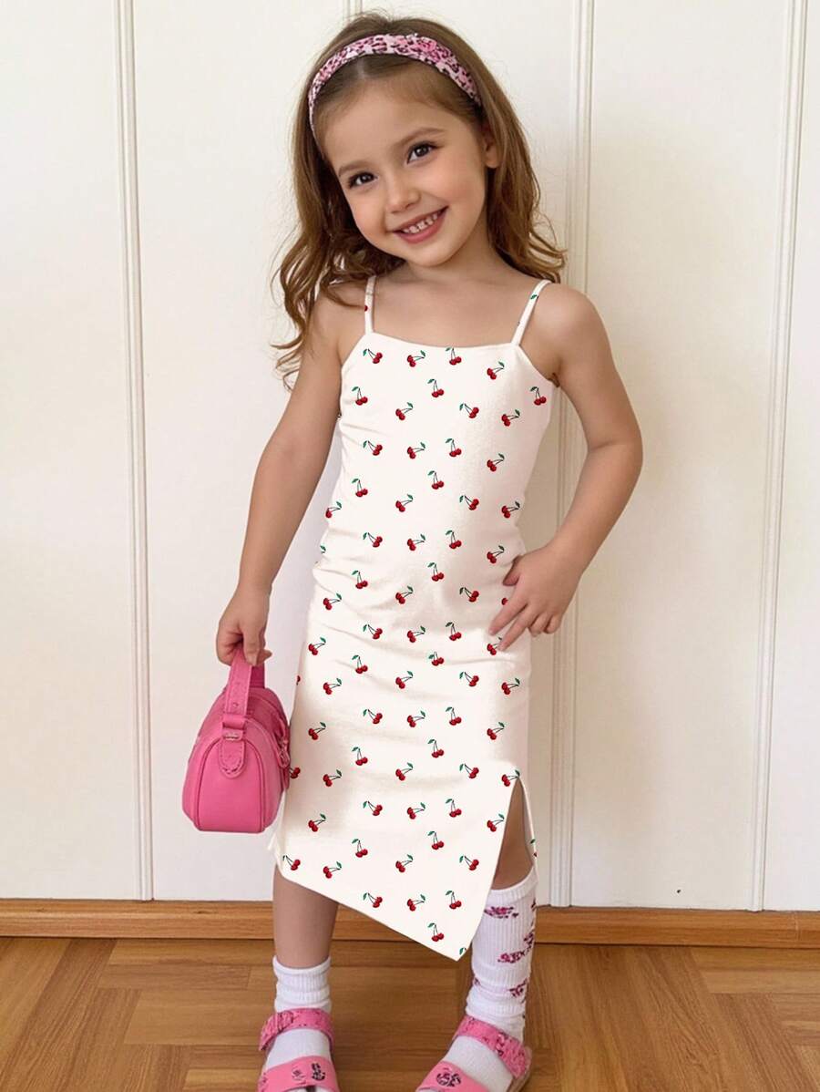 SHEIN Leap Crew 可爱迷你奶油色和樱桃印花针织吊带背心裙，适合年轻女孩的休闲时尚，适合夏季 - 彩色 - 查看 1