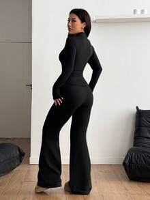 Coolane 女士秋冬街头休闲运动基本款简约针织保暖/寒冷天气/保暖四分之一拉链法式灰色修身长袖高领 T 恤和喇叭裤两件套羊毛服装 - 黑色 - 查看 4