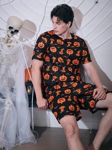 CoupledUp Halloween Pumpkin Print Short Sleeve Shorts Men Pajama Set - Multicolor - View 5