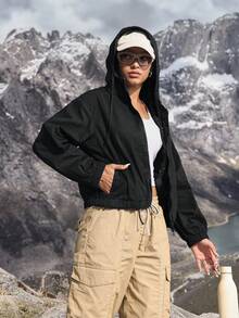 Women's Fashion Hooded Denim Jacket,Black Autumn Basic Casual Occasion,Pocket Lightweight Quick Dry UV Protection Outdoor Hiking Sun Protection Jacket - Black - View 2