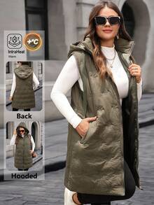 EMERY ROSE Plus Size Women Zipper Front Pockets Drawstring Hooded Sleeveless Winter Jacket,Winter Clothes,Chic Autumn&Winter Fall - Army Green - View 1
