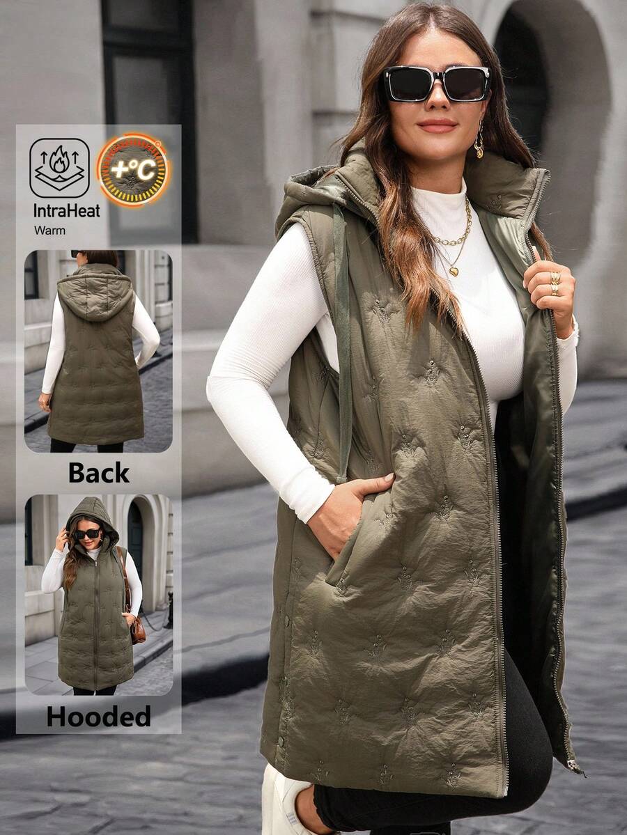 EMERY ROSE Plus Size Women Zipper Front Pockets Drawstring Hooded Sleeveless Winter Jacket,Winter Clothes,Chic Autumn&Winter Fall - Army Green - View 1