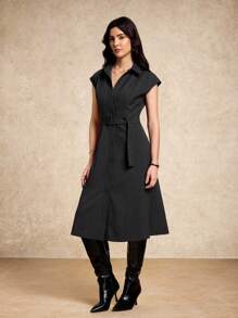 House of One Button-Up Solid Woven Collared Midi Dress Women Casual Business Office Wear Spring Autumn Collared Dress Women Shirt Dress Black Shirt Dress Belted Shirt Dress