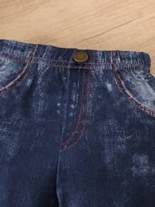 SHEIN Bộ 2 áo dài tay và quần jeans mới cho bé gái, mùa thu - Màu Hồng Tươi - Xem 3