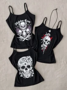 Summer Gothic Style Skull Rose Graphic Print Women Camisole Tank Top, 3 PiecesSummer Women Sets
