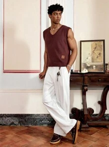 SWAVVY 男士休闲V领标准尺码针织无袖毛衣，适合秋冬 - 咖啡棕 - 查看 6