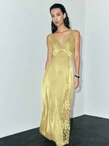 Lumivelle Vestido con tirantes finos, encaje y parches, con nudo en la espalda, vestido de verano para la universidad - Amarillo - Ver 6