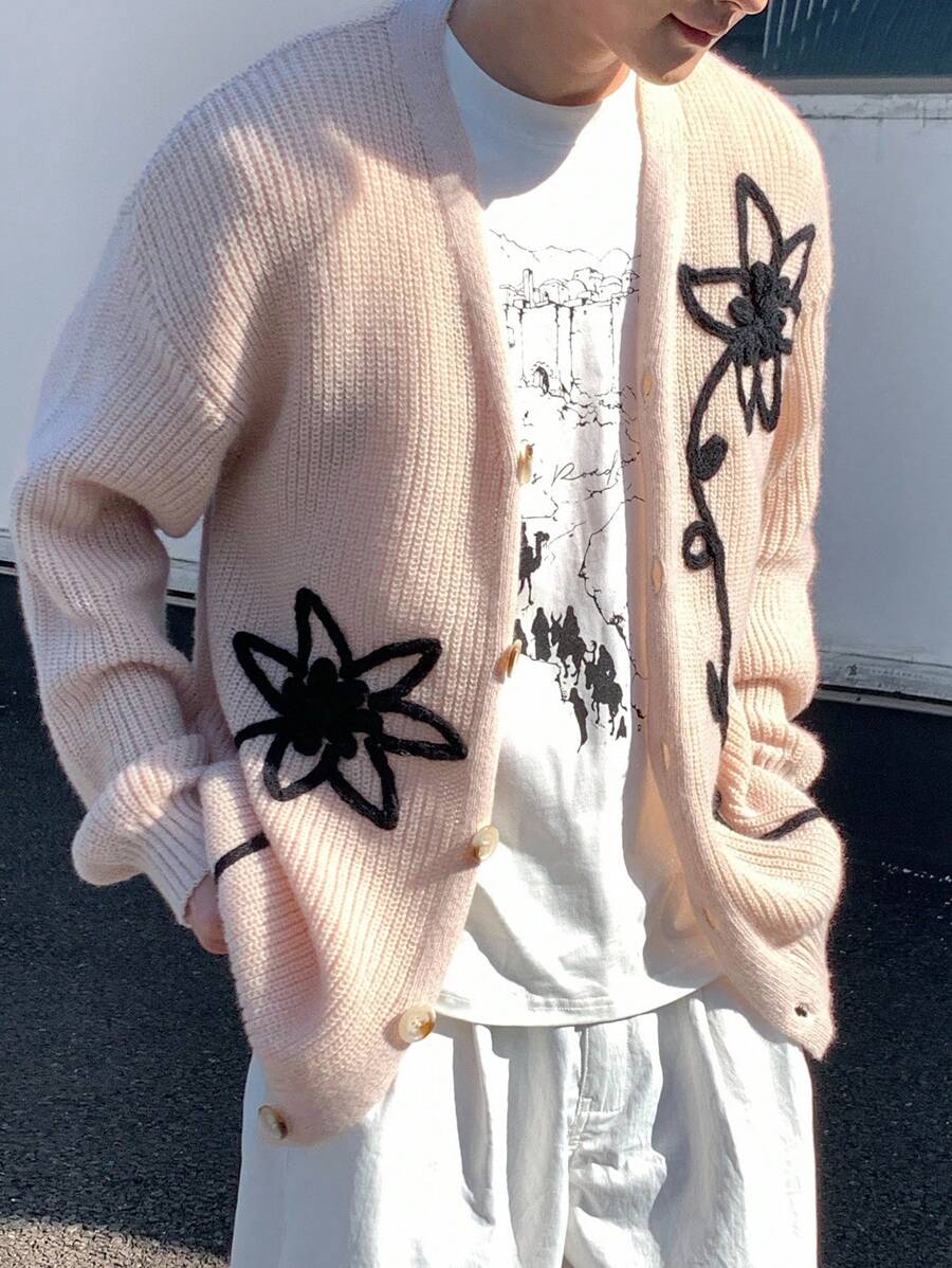 Manfinity Hypemode 男士花卉图案长袖单排扣休闲开衫 - 杏色 - 查看 1