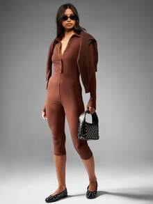 MISSGUIDED Button Down Long Sleeve Capri Jumpsuit Ribbed Knit Collared Bodysuit Office Wear Evening Fall Winter Occasion Wear - Coffee Brown - View 4