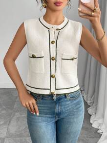 Elenzga 商务休闲女装秋季服装，撞色无袖单排扣针织背心，适合大学校园穿着 - 米色 - 查看 7