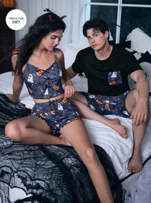 CoupledUp 万圣节印花口袋短袖短裤男士睡衣套装 - 黑色 - 查看 7