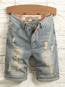 Manfinity Homme 男士纯棉磨破猫抓牛仔短裤纯色深蓝色外出复古朋友男士短款牛仔裤，emo 风格