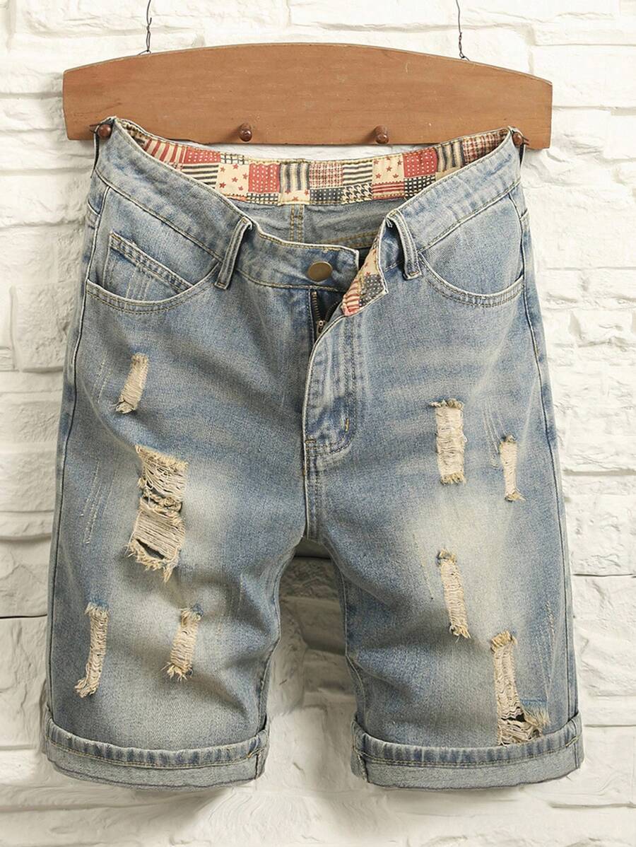 Manfinity Homme 男士纯棉磨破猫抓牛仔短裤纯色深蓝色外出复古朋友男士短款牛仔裤，emo 风格