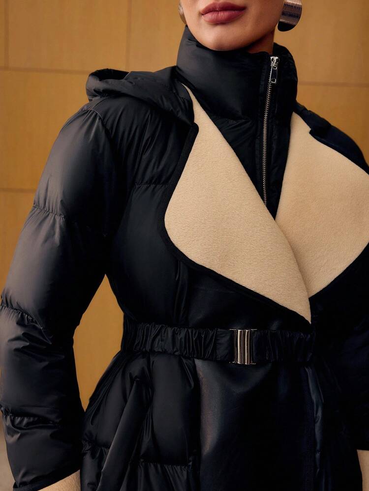 CONTRAST WATERFALL HOODED BELTED WINTER COAT