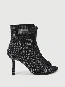 CUCCOO SZL Black Suede Rhinestone Embellished Fashion Street Style Round Toe Ankle Boots - Black - View 9