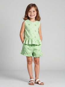 Maija Kids 2件套少女荷叶边圆领背心和短裤套装 - 軍綠色 - 查看 1